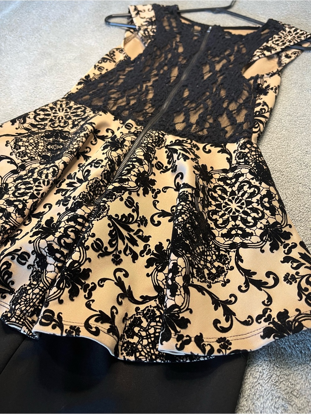 Black Lace & Beige Floral Fit-and-Flare Dress